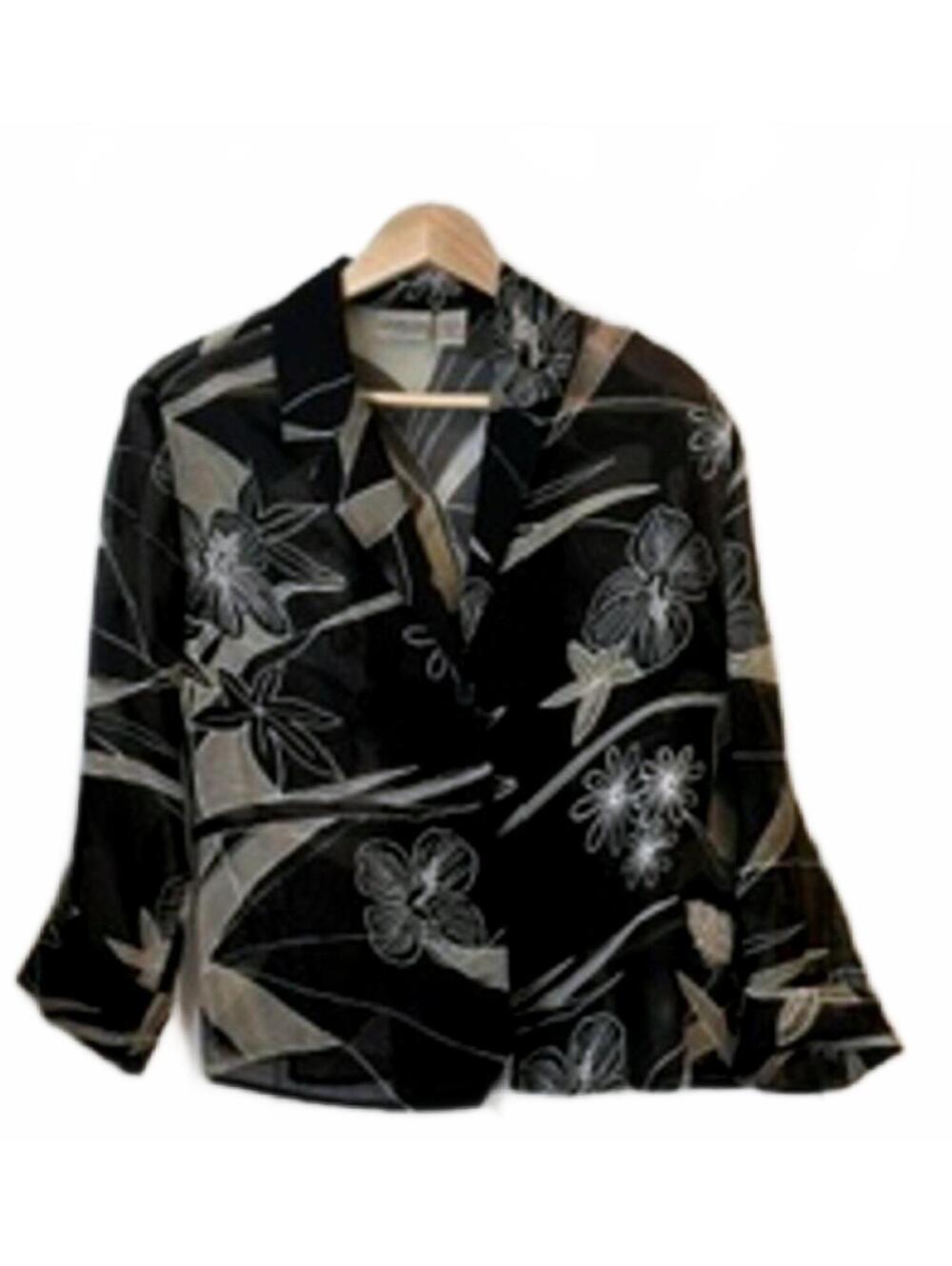 Chicos 100% Silk Sheer Blazer Jacket Size 0 XS Black Gray Floral Button Up